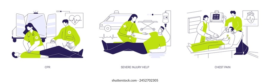 First aid in emergency situations abstract concept vector illustration set. CPR, severe injury in accident, chest pain, paramedics help, bleeding patient, heartburn disease abstract metaphor.