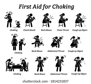 First aid emergency treatment for choking stick figures icon. Vector illustrations of baby, child, and adult choking while getting rescued with Heimlich Maneuver method.