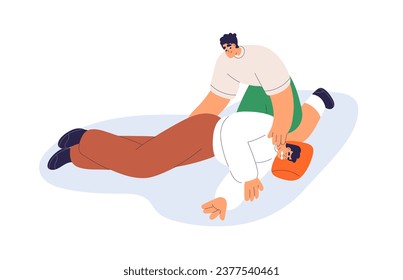 Primeros auxilios para epilepsia, ataques. Ayuda, tratamiento, rescate para un enfermo inconsciente desmayado. Reanimación de emergencia, caída de la enfermedad. Ilustración vectorial plana aislada en fondo blanco