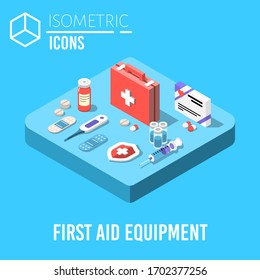 Iconos de equipos de primeros auxilios establecidos en estilo de ilustración isométrica plana. Símbolos médicos vectoriales. Colección de atención médica. Diseño isométrico moderno para páginas web, aplicaciones móviles, iconos de tableta.