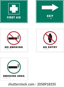 First Aid Exit No Smoking No Entry Smoking Area Braille Signs. Typical print ready construction signage drawings for building site