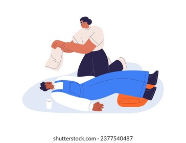 First aid for fainted unconscious person. Woman rescuing lying man, waving with cloth, tissue for breathing air. Emergency help, care, treatment. Flat vector illustration isolated on white background