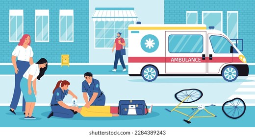 First aid flat composition with ambulance car and paramedic doctors vector illustration