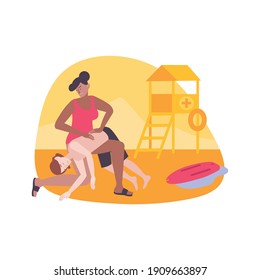 First aid flat composition with character of beach lifeguard resuscitating man pulled from water vector illustration