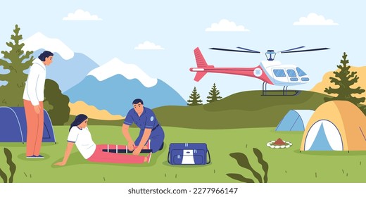 Concepto plano de primeros auxilios con el equipo de rescate y la ilustración del vector del helicóptero de emergencia