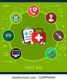 First aid flat icons concept. Vector illustration. Element template for design.