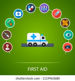 First aid flat icons concept. Vector illustration. Element template for design.