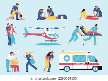 First aid flat icons set with paramedics helping people in emergency situations isolated vector illustration