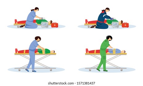 First aid flat vector illustrations set. Emergency doctors and injured patients. Urgency care, resuscitation. Paramedics, emt with defibrillator cartoon characters isolated on white background