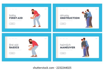 First Aid Food Choking Landing Page Template Set. Characters Choke-bore. Mother Helping Newborn Baby Spit Out a Thing from Throat, Man Help to Person by Heimlich. Cartoon People Vector Illustration