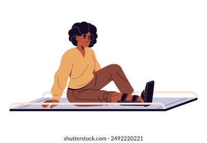 First aid in fractures. Victim with splint on leg sits on medical stretchers. Sad woman with injury, break foot. Medicine help in emergency. Flat isolated vector illustration on white background.