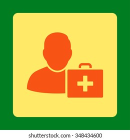 First Aid Gentleman vector icon. Style is flat rounded square button, orange and yellow colors, green background.
