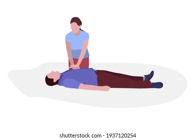 First aid. The girl makes a man who fell in the street cardiopulmonary resuscitation. Isolated vector illustration. Saving the life of an injured person