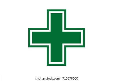 First Aid. Green Medical Cross Vector Icon. Medicinal And Pharmacy Sign. Cannabis Symbol.