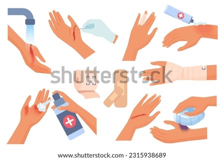 First aid for hand injury set vector illustration. Cartoon isolated injured human arms of patient with wound and burn on skin, hands cleaning trauma with water, using elastic bandage and dressings