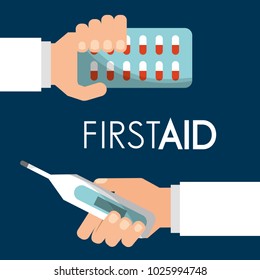 first aid hand with pills and thermometer