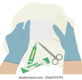First aid hands applying bandage, plaster. Ideal for medical, information catalogs and institutional materials