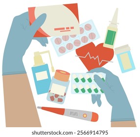 First aid hands illustration selection of medicines. Ideal for medical, information catalogs and institutional materials