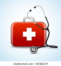 First aid healthcare concept with medical box and stethoscope vector illustration