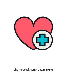 First aid for heart attack flat color line icon.