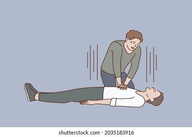 First aid and heart massage concept. Young stressed man sitting on knees making heart massage to lying on ground man vector illustration 