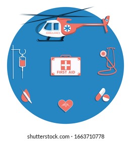 First aid helicopter - dropper, stethoscope, syringe, medicine - vector. SARS-CoV virus. Call a doctor at home.