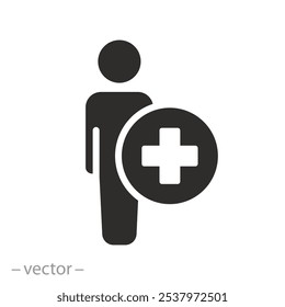 primeiros socorros, humano com cruz, ícone do paciente, ajuda ou cuidados médicos, ilustração vetorial plana