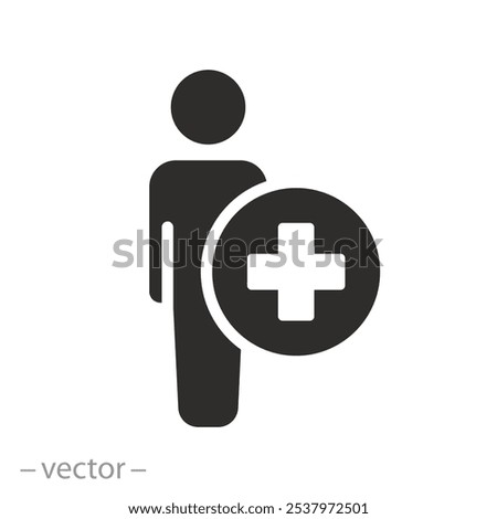 first aid, human with cross, patient icon, medical help or care, flat vector illustration