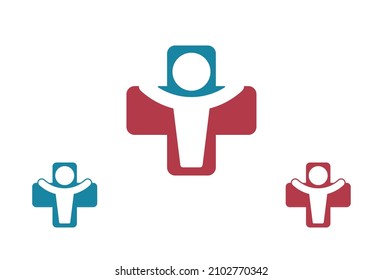 First Aid Human Silhouette Logo Symbol Design. Vector Logo Template. A sophisticated symbol of a red cross with a human silhouette inside. First Aid covid-19 pandemic medical emergency care. EPS10