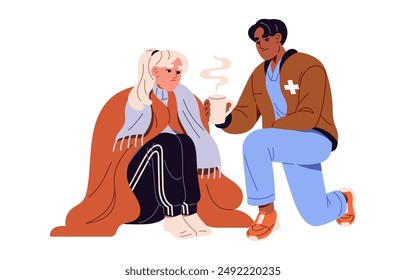 First aid in hypothermia. Doctor helps, rescues victim of frostbite. Emergency medic gives hot drink to patient. Frozen girl getting warm under blanket. Flat isolated vector illustration on white