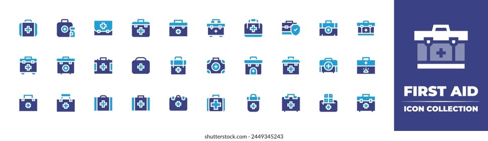 Icono de primeros auxilios colección. Color duotono. Ilustración vectorial. Con botiquín de primeros auxilios, veterinario, botiquín de primeros auxilios, primeros auxilios.