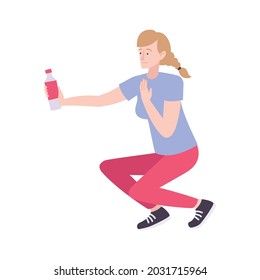 First aid icon with female character feeling bad holding bottle of water vector illustration