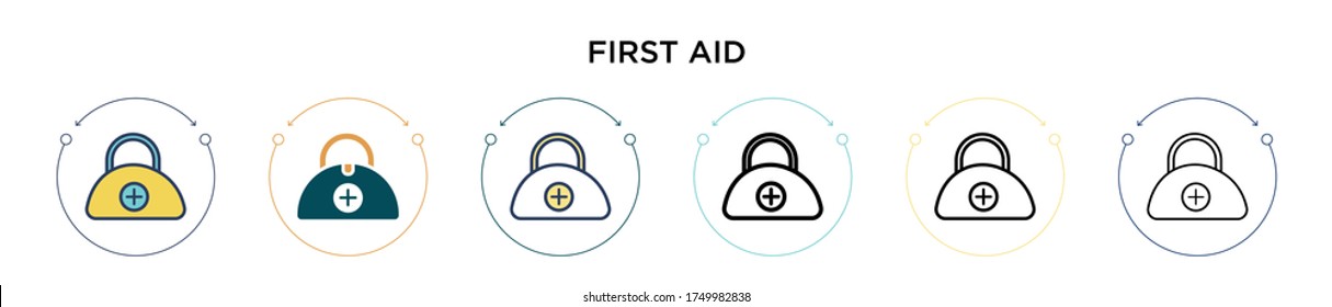 Icono de primeros auxilios en el estilo relleno, delgado, contorno y trazo. Ilustración vectorial de dos diseños de vectores de primeros auxilios coloreados y negros se puede utilizar para móviles, ui, web