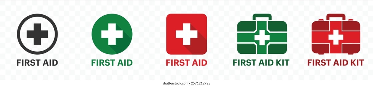 First aid icon with first aid kit symbol. Medical briefcase icon. Green FIRST AID sign with text and cross symbol Sign, Emergency medicine concept. vector illustration