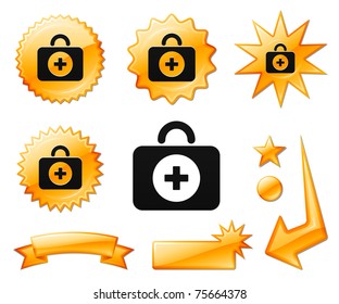 Icono de primeros auxilios en carteles de ráfagas de naranja y medallas Ilustración vectorial original