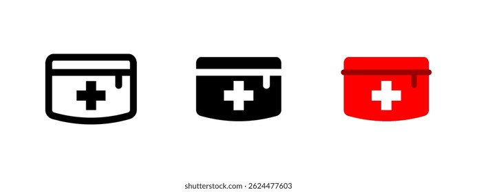 First aid icon. Red medical box with a white cross symbol vector illustration. Emergency treatment and health support symbol. Used in hospitals, clinics and safety kits sign. Healthcare pictogram.