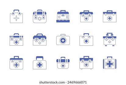 Conjunto de iconos de primeros auxilios. Trazo de línea de estilo duotono y negrita. Ilustración vectorial. Conteniendo botiquín de primeros auxilios, botiquín de primeros auxilios, primeros auxilios.