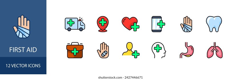 First aid icon set. Flat style. Vector icons