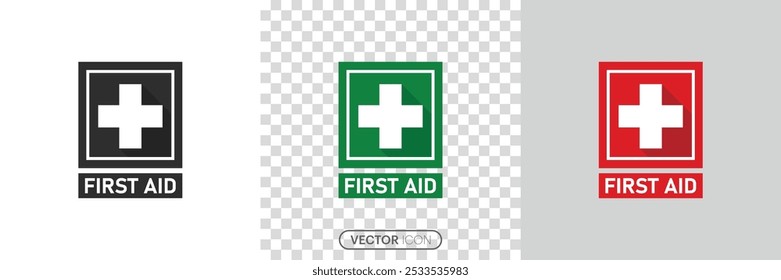 First aid icon Set. Green and Red FIRST AID sign with text and cross symbol. Simple set of first aid icons in linear style on a white and transparent background. vector illustration