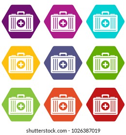 First aid icon set many color hexahedron isolated on white vector illustration