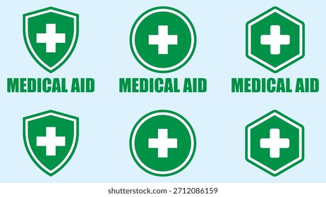 First Aid icon set showing bold green safety crosses inside shield and circle shapes, designed for emergency aid and safety marking.