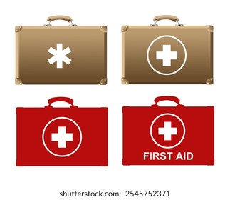 Icono de primeros auxilios. Conjunto de maletas de primeros auxilios sobre fondo blanco. Ilustración vectorial