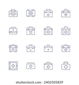 Juego de iconos de primeros auxilios. Icono de línea delgada. Trazo editable. Conteniendo kit de ayuda, kit de primeros auxilios, gabinete de medicamentos, primeros auxilios.