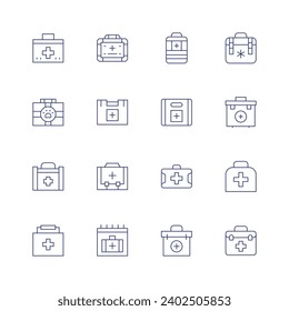 First aid icon set. Thin line icon. Editable stroke. Containing medical kit, first aid bag, first aid kit.