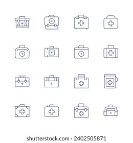 Juego de iconos de primeros auxilios. Icono de línea delgada. Trazo editable. Conteniendo primeros auxilios, botiquín de primeros auxilios.