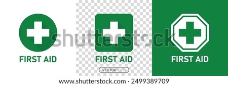  First aid icon symbol. Green FIRST AID sign with text and cross symbol Sign, Emergency medicine concept. first aid kit icon in linear style on white and transparent background.