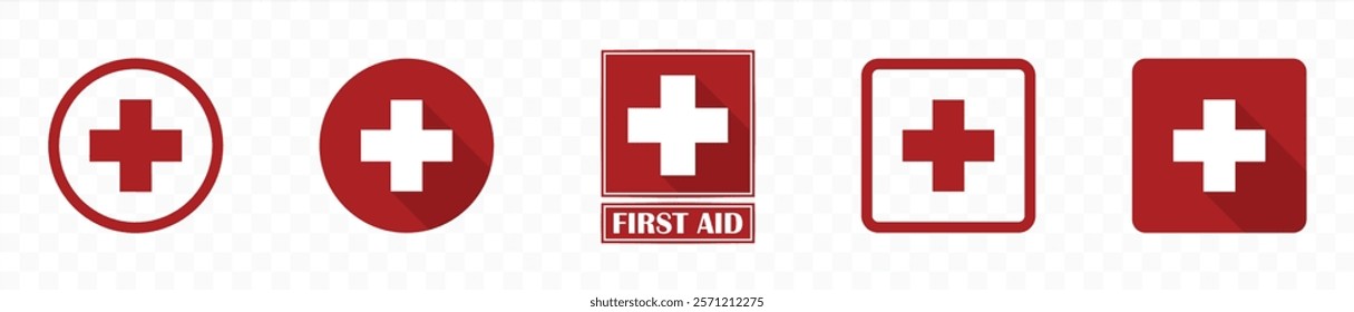 First aid icon symbol. First aid medical sign flat icon in emergency medicine concept. Red square and white cross symbol with FIRST AID text below, vector illustration