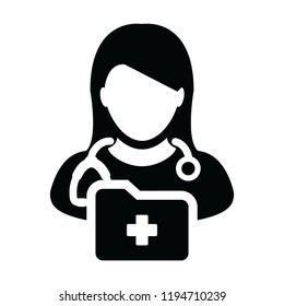 First aid icon vector female doctor person profile avatar with stethoscope and medical report folder for medical consultation in Glyph pictogram illustration
