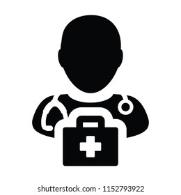 First aid icon vector male doctor person profile avatar with Stethoscope and first aid kit bag for Medical Consultation in Glyph Pictogram illustration
