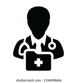 First aid icon vector male doctor person profile avatar with stethoscope and medical report folder for medical consultation in Glyph pictogram illustration